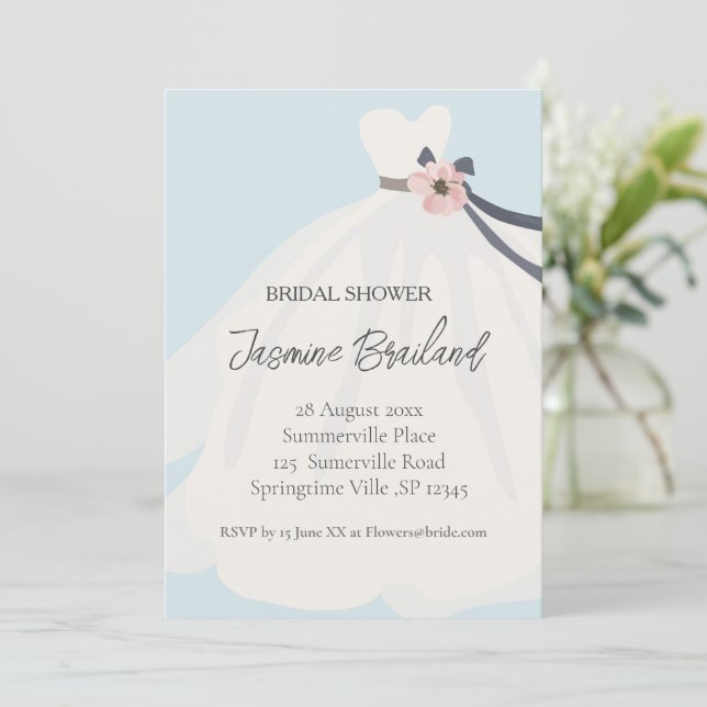 Blue Floral Bride Gown Bridal Shower   Invitation (Standing Front)