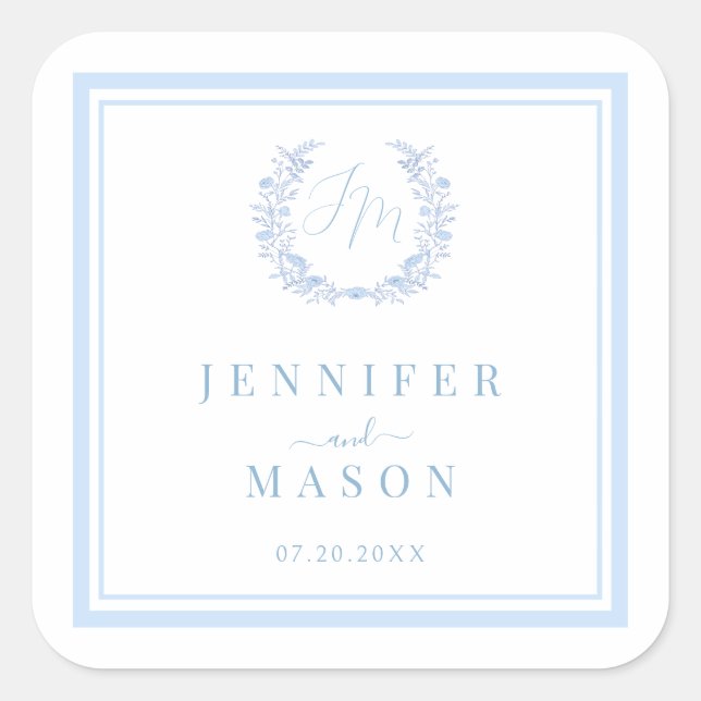 Blue Floral Bride Groom Wedding Stickers (Front)