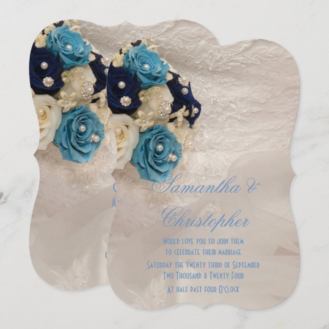 Blue floral brides bouquet wedding invitation (Front/Back)
