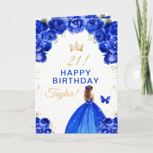 Blue Floral Brown Hair Girl Happy Birthday Card