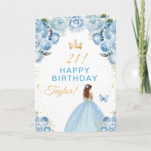 Blue Floral Brown Hair Girl Happy Birthday Card