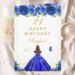 Blue Floral Brown Hair Girl Happy Birthday Card<br><div class="desc">This elegant and glamorous birthday card can be personalized with a name or title such as daughter, granddaughter, niece, friend etc. The design features a beautiful princess with brown red hair and fair skin in a royal blue ball gown. The text combines handwritten script and modern sans serif fonts for...</div>