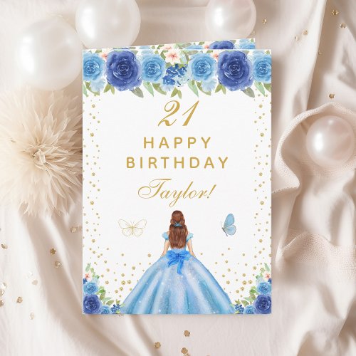 Blue Floral Brown Hair Girl Happy Birthday Card