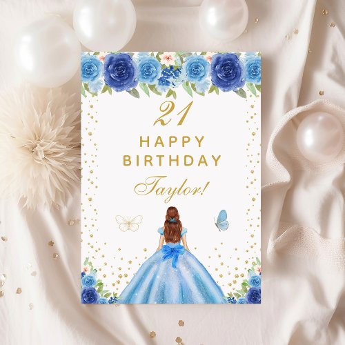 Blue Floral Brown Hair Girl Happy Birthday Card
