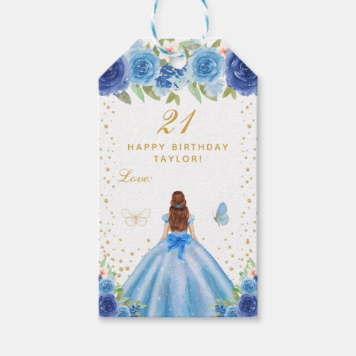 Blue Floral Brown Hair Girl Happy Birthday Gift Tags