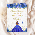 Blue Floral Brown Hair Girl Sweet Sixteen Card<br><div class="desc">This elegant and glamorous sweet sixteen birthday card can be personalized with a name or title such as daughter, granddaughter, niece, friend etc. The design features a beautiful princess with brown red hair and fair skin in a royal blue ball gown. The text combines handwritten script and modern sans serif...</div>