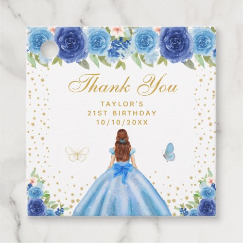 Blue Floral Brown Hair Princess Birthday Party Favor Tags
