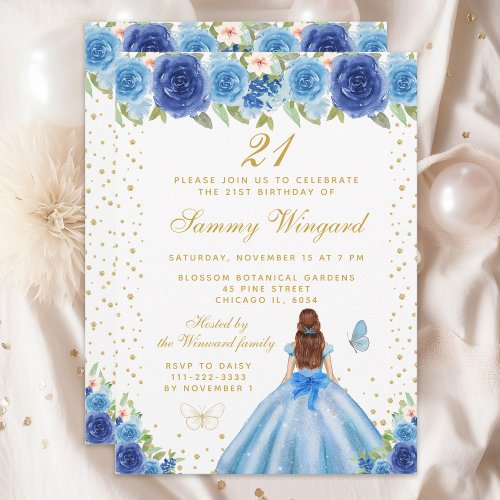 Blue Floral Brown Hair Princess Birthday Party Invitation