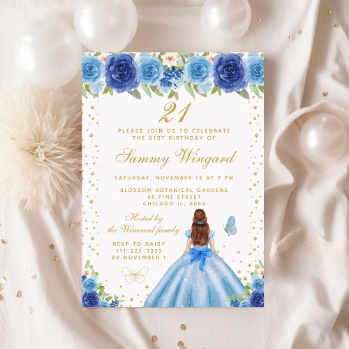Blue Floral Brown Hair Princess Birthday Party Invitation