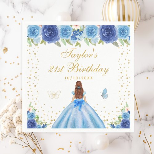 Blue Floral Brown Hair Princess Birthday Party Napkins