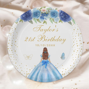 Blue Floral Brown Hair Princess Birthday Party Paper Plates
