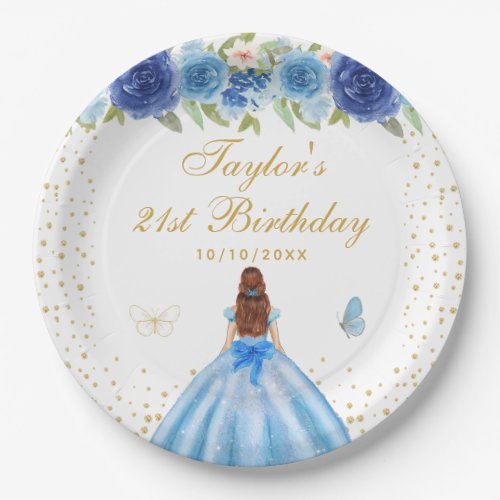 Blue Floral Brown Hair Princess Birthday Party Paper Plates