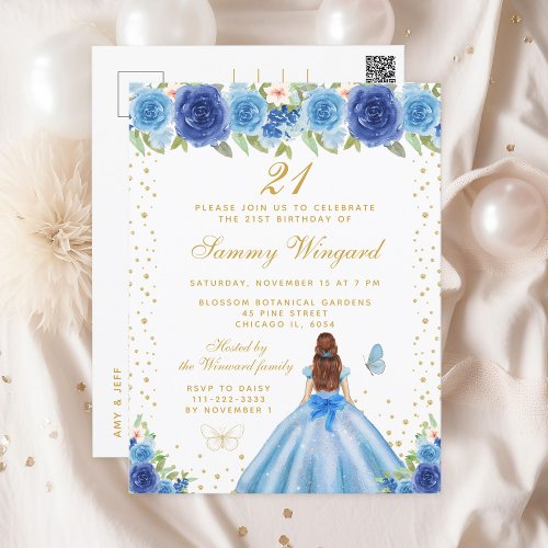 Blue Floral Brown Hair Princess Birthday Party Postcard