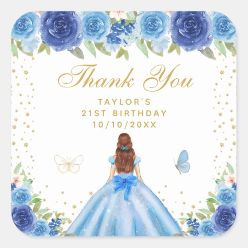 Blue Floral Brown Hair Princess Birthday Party Square Sticker
