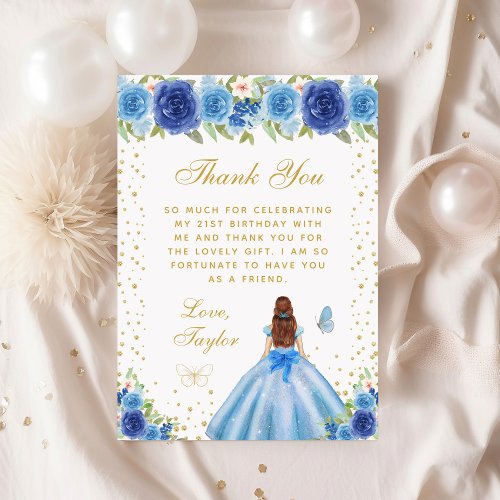 Blue Floral Brown Hair Princess Birthday Party Thank You Card