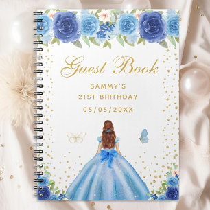 Blue Floral Brown Hair Princess Guest Book