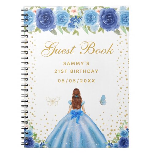 Blue Floral Brown Hair Princess Guest Book