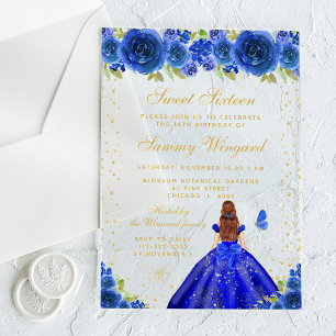 Blue Floral Brown Hair Princess Sweet Sixteen Acrylic Invitations