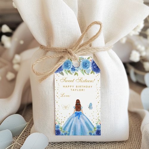 Blue Floral Brown Hair Princess Sweet Sixteen Gift Tags