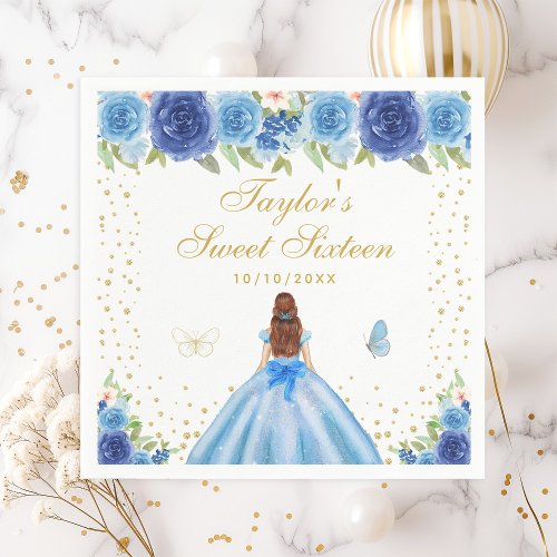 Blue Floral Brown Hair Princess Sweet Sixteen Napkins