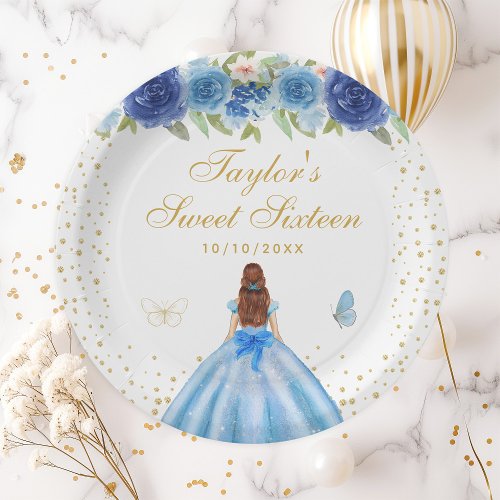 Blue Floral Brown Hair Princess Sweet Sixteen Paper Plates