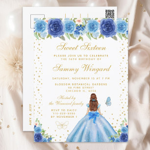 Blue Floral Brown Hair Princess Sweet Sixteen Postcard