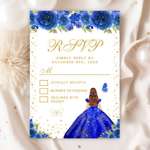 Blue Floral Brown Hair Princess Sweet Sixteen RSVP Card