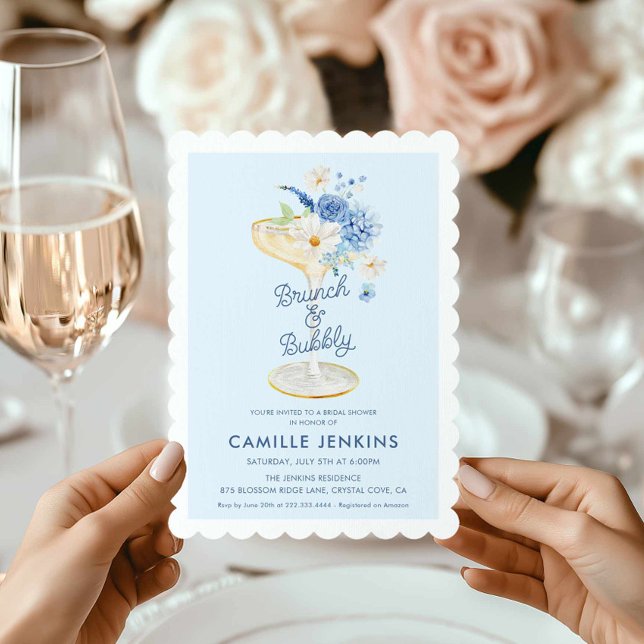 Blue Floral Brunch and Bubbly Bridal Invitation (Blue Brunch and Bubbly Bridal Shower invitation)