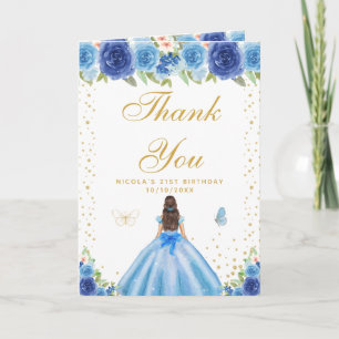 Blue Floral Brunette Hair Girl Birthday Letterpress Thank You Card