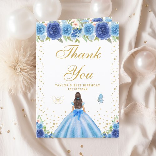 Blue Floral Brunette Hair Girl Birthday Party Thank You Card