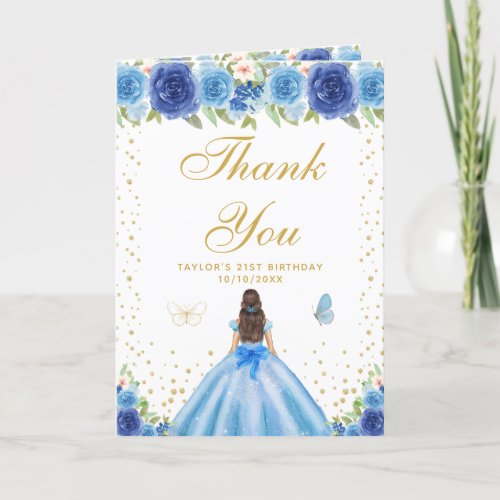 Blue Floral Brunette Hair Girl Birthday Party Thank You Card