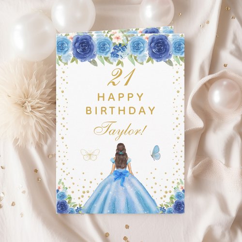 Blue Floral Brunette Hair Girl Happy Birthday Card