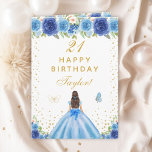 Blue Floral Brunette Hair Girl Happy Birthday Card<br><div class="desc">This elegant and glamorous birthday card can be personalized with a name or title such as daughter, granddaughter, niece, friend etc. The design features a beautiful princess with brunette hair and fair skin in a blue ball gown. The text combines handwritten script and modern sans serif fonts for a classy...</div>