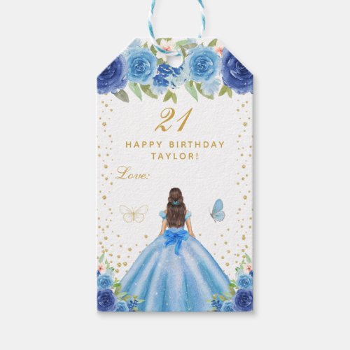 Blue Floral Brunette Hair Girl Happy Birthday Gift Tags