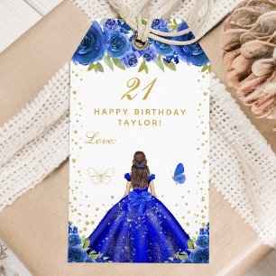 Blue Floral Brunette Hair Girl Happy Birthday Gift Tags