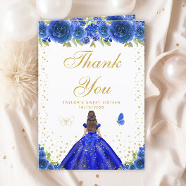 Blue Floral Brunette Hair Girl Sweet Sixteen Thank You Card