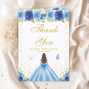 Blue Floral Brunette Hair Girl Sweet Sixteen Thank You Card