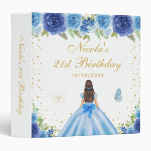 Blue Floral Brunette Hair Princess Birthday Party 3 Ring Binder
