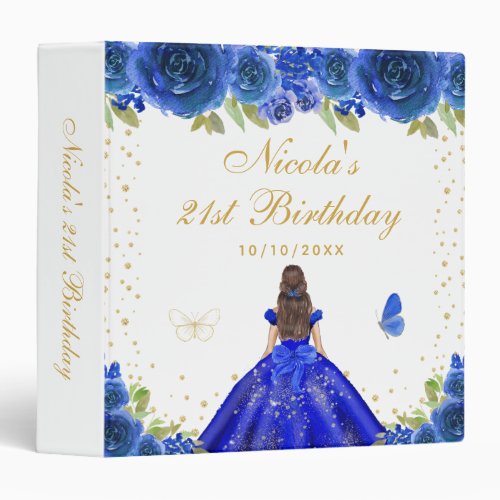 Blue Floral Brunette Hair Princess Birthday Party 3 Ring Binder