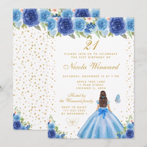 Blue Floral Brunette Hair Princess Birthday Party