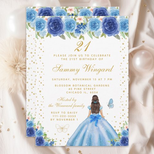 Blue Floral Brunette Hair Princess Birthday Party Invitation