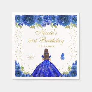 Blue Floral Brunette Hair Princess Birthday Party Napkins