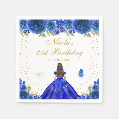 Blue Floral Brunette Hair Princess Birthday Party Napkins