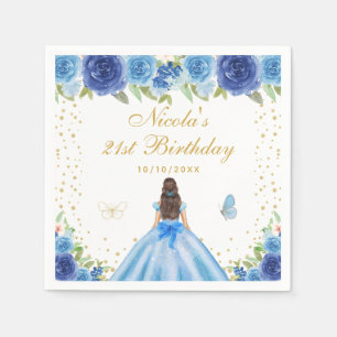 Blue Floral Brunette Hair Princess Birthday Party Napkins