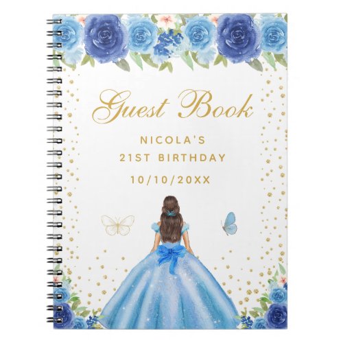 Blue Floral Brunette Hair Princess Birthday Party Notebook