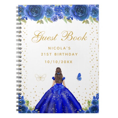 Blue Floral Brunette Hair Princess Birthday Party Notebook