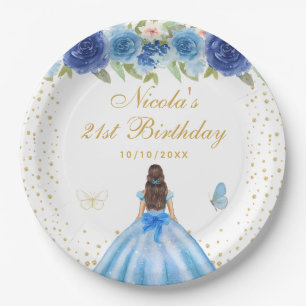 Blue Floral Brunette Hair Princess Birthday Party Paper Plates