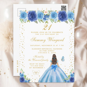 Blue Floral Brunette Hair Princess Birthday Party Postcard