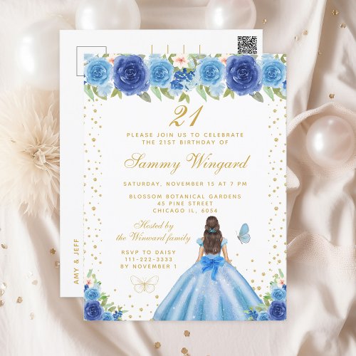 Blue Floral Brunette Hair Princess Birthday Party Postcard