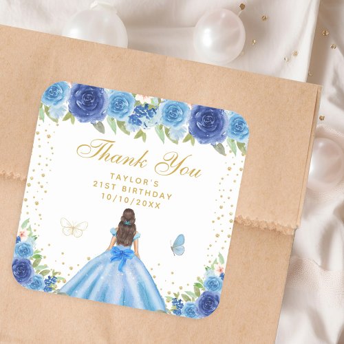 Blue Floral Brunette Hair Princess Birthday Party Square Sticker